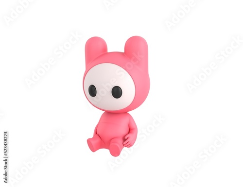 Pink Monster character sitting on the ground in 3d rendering.