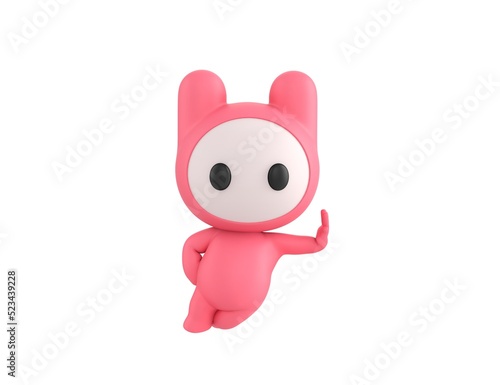 Pink Monster character leaning against a wall in 3d rendering.