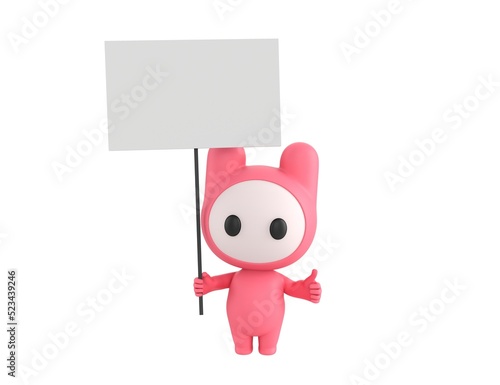 Pink Monster character holding a blank billboard and give thumb up in 3d rendering.
