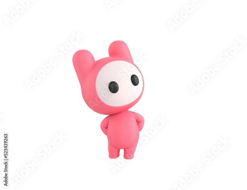 Pink Monster character hides hands behind back and look up in 3d rendering.