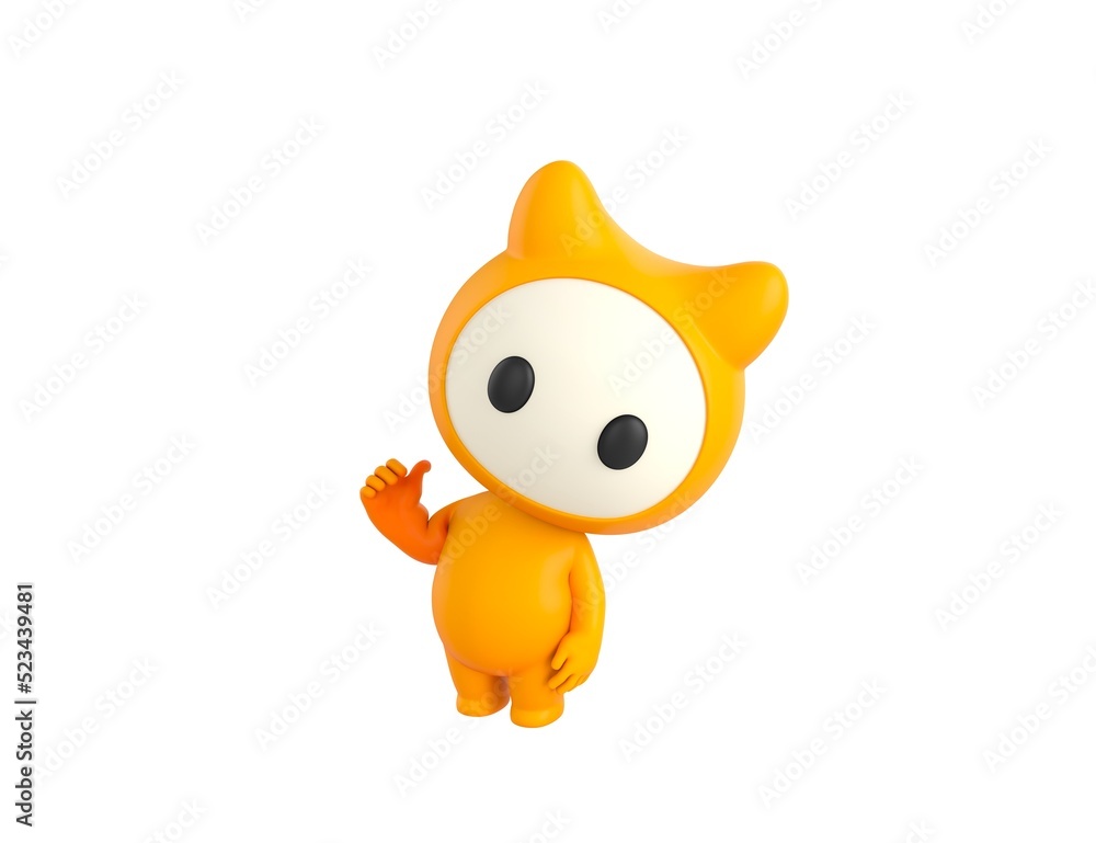 Yellow Monster character pointing back thumb up empty space in 3d rendering. Yellow Monster character pointing back thumb up empty space in 3d rendering.