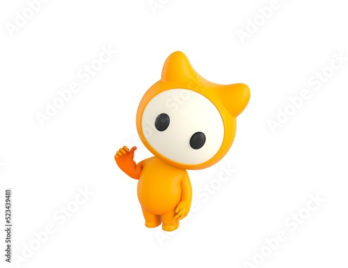 Yellow Monster character pointing back thumb up empty space in 3d rendering.