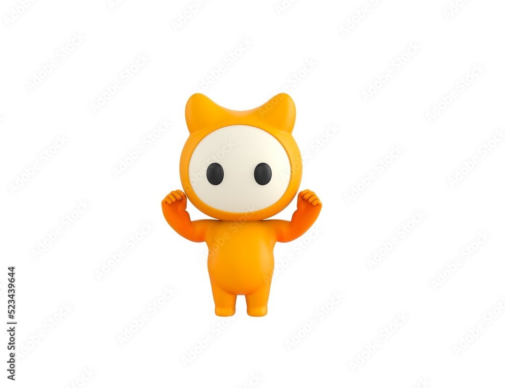 Fototapeta premium Yellow Monster character raising two fists in 3d rendering.
