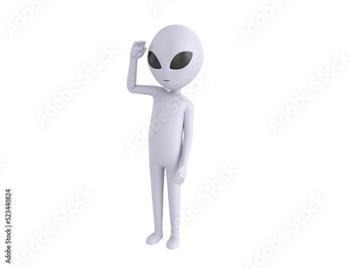 Grey Alien character saluting in 3d rendering.