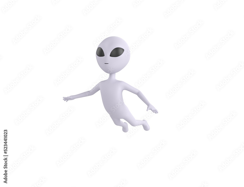 Grey Alien character flying in 3d rendering.