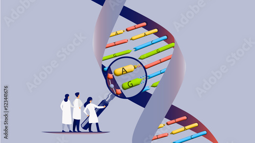 Photos Genetic Letters Lab Technicians holding a magnifying glass against DNA to see an