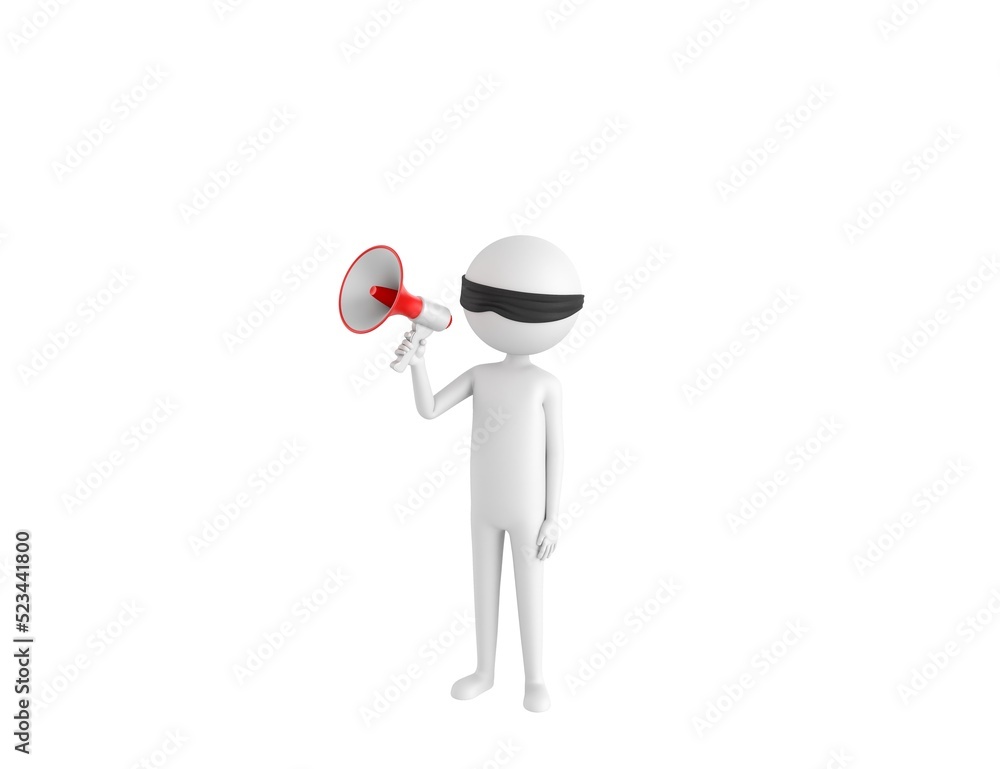 Blind Folded Stick Man character speaking in megaphone in 3d rendering. Blind Folded Stick Man character speaking in megaphone in 3d rendering.