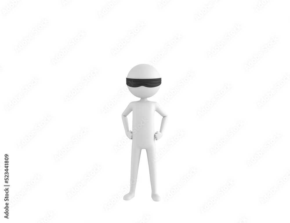 Blind Folded Stick Man character with hands on hip in 3d rendering.