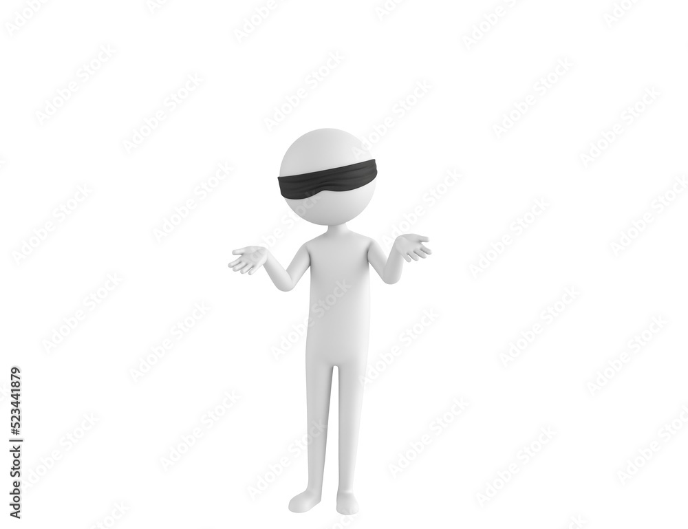 Blind Folded Stick Man character spreading his two hands and looking to camera in 3d rendering.