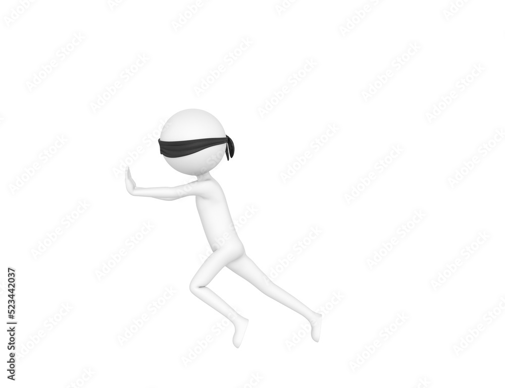 Blind Folded Stick Man character pushing wall in 3d rendering. Blind Folded Stick Man character pushing wall in 3d rendering.