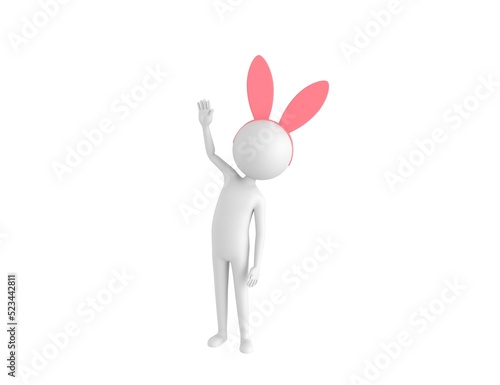 Stick Man Wearing Pink Bunny Headband character raising right hand in 3d rendering.