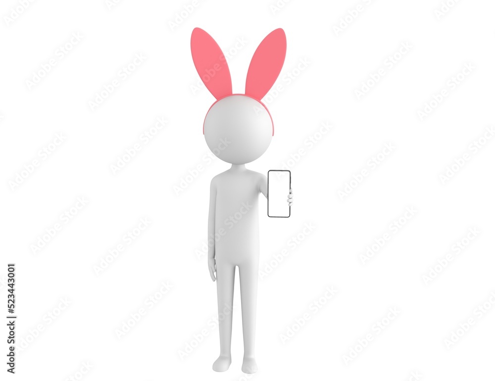 Stick Man Wearing Pink Bunny Headband character showing his phone in 3d rendering. Stick Man Wearing Pink Bunny Headband character showing his phone in 3d rendering.