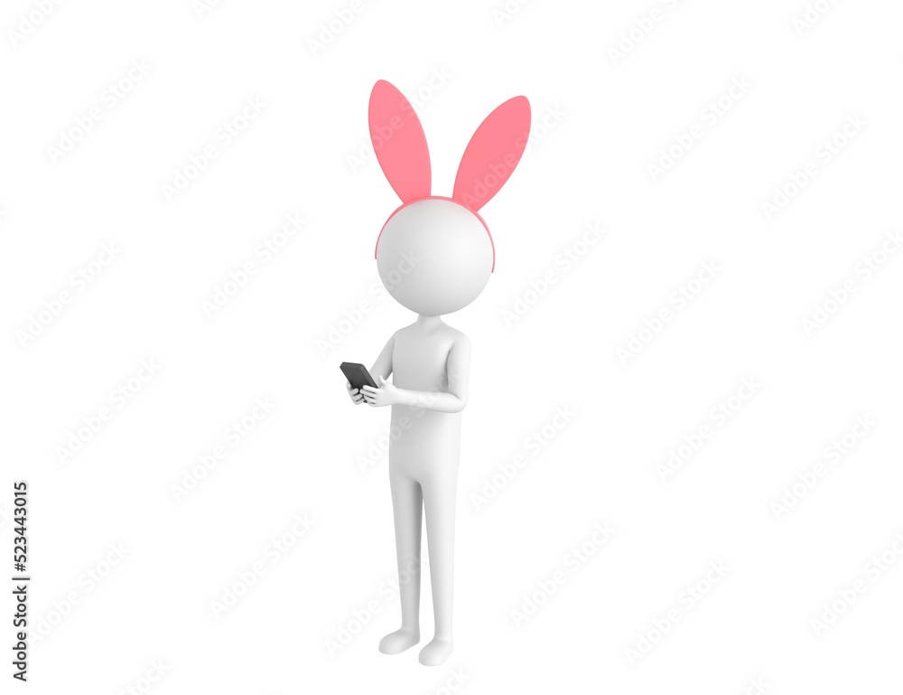 Stick Man Wearing Pink Bunny Headband character using smartphone and looking to camera in 3d rendering. Stick Man Wearing Pink Bunny Headband character using smartphone and looking to camera in 3d rendering.