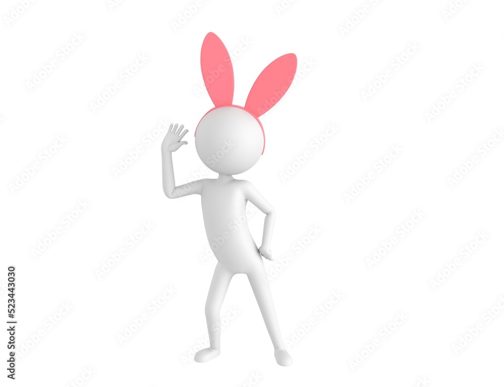Stick Man Wearing Pink Bunny Headband character hold hand near ear listening rumors in 3d rendering. Stick Man Wearing Pink Bunny Headband character hold hand near ear listening rumors in 3d rendering.