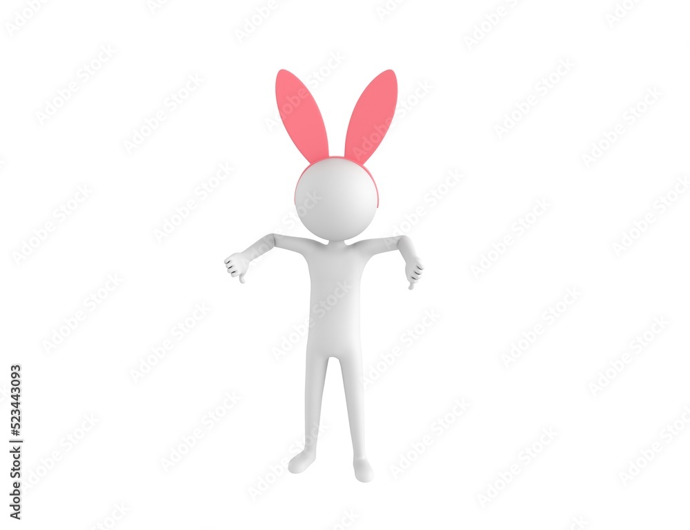 Stick Man Wearing Pink Bunny Headband character showing thumb down with two hands in 3d rendering. Stick Man Wearing Pink Bunny Headband character showing thumb down with two hands in 3d rendering.
