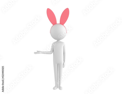 Stick Man Wearing Pink Bunny Headband character looking to camera and pointing hand to the side in 3d rendering.