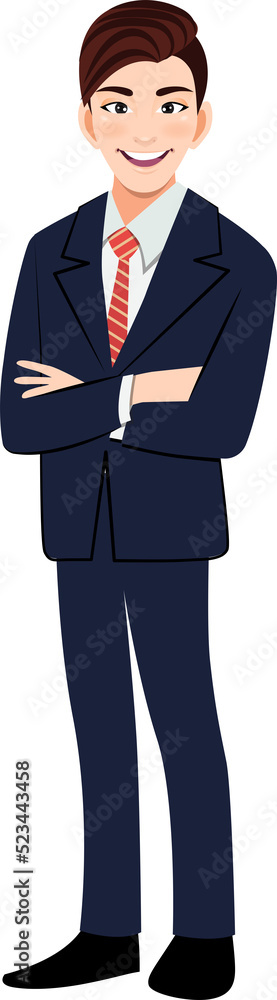 Flat icon with Chinese businessman cartoon character in office style smart suit and crossed arms pose