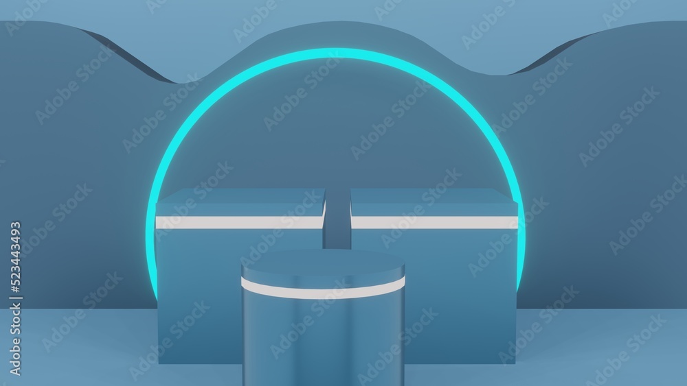 metal blue 3d podium added with light on shape and circle objects and arches on the back metal blue 3d podium added with light on shape and circle objects and arches on the back
