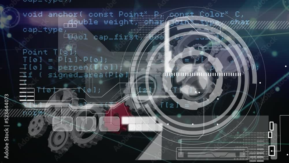 Animation of digital scanning icons with gear and screen over programming languages Animation of digital scanning icons with gear and screen over programming languages