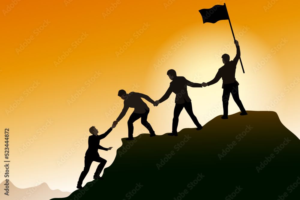Silhouette of businessman helping each other hike up a mountain at sunrise background. Business, teamwork, success, achievement and help concept. - obrazy, fototapety, plakaty 