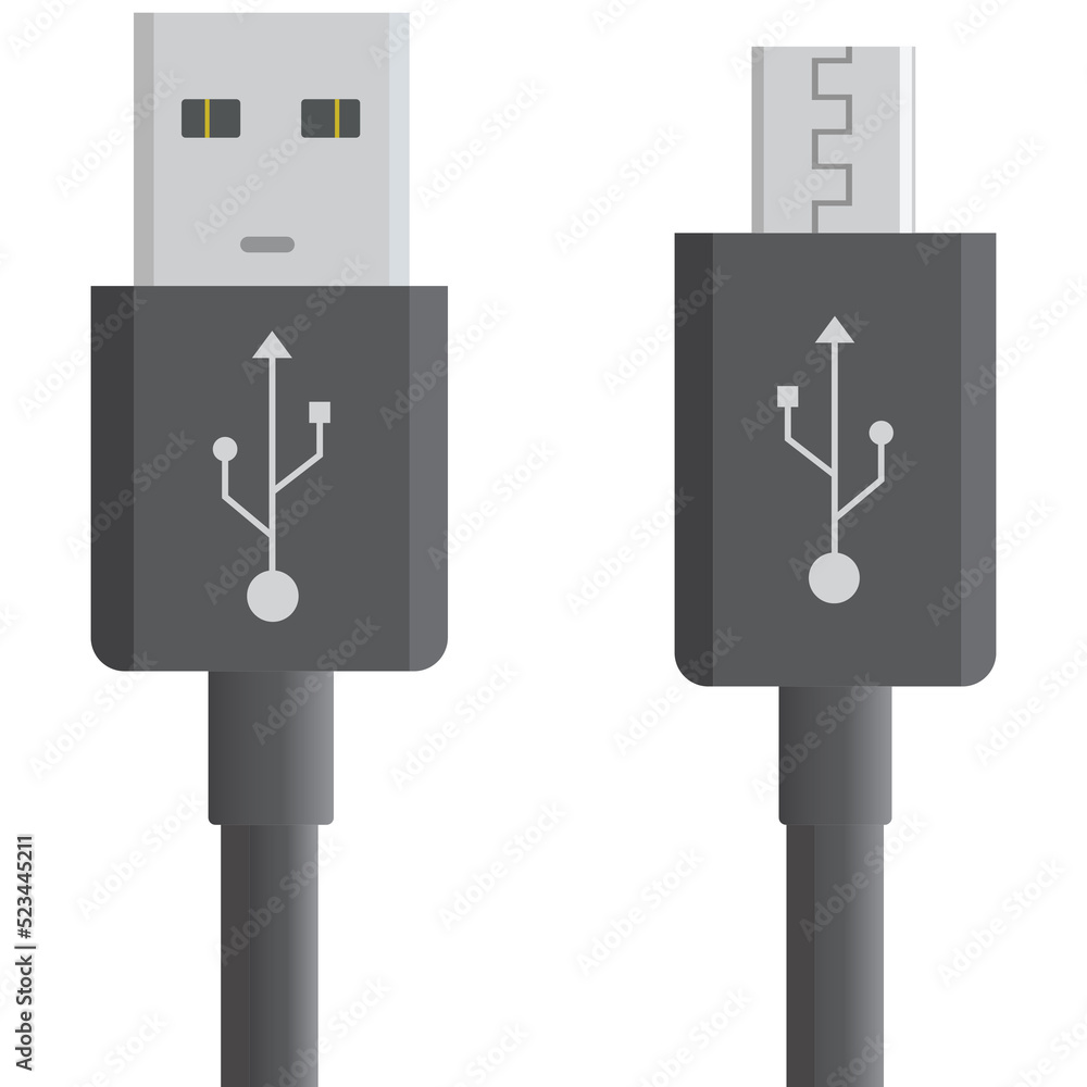 Black micro USB cables on dark background. Connectors and sockets for PC and mobile devices. Computer peripherals connector or smartphone recharge supply Black micro USB cables on dark background. Connectors and sockets for PC and mobile devices. Computer peripherals connector or smartphone recharge supply