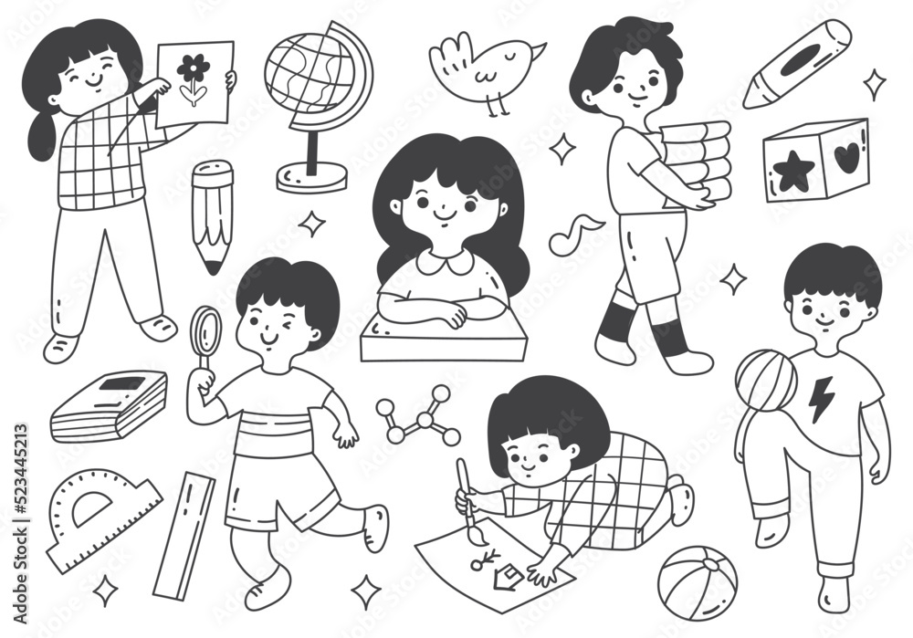 Set of Cartoon Children Activity in School in Doodle Style Vector Illustration Set of Cartoon Children Activity in School in Doodle Style Vector Illustration