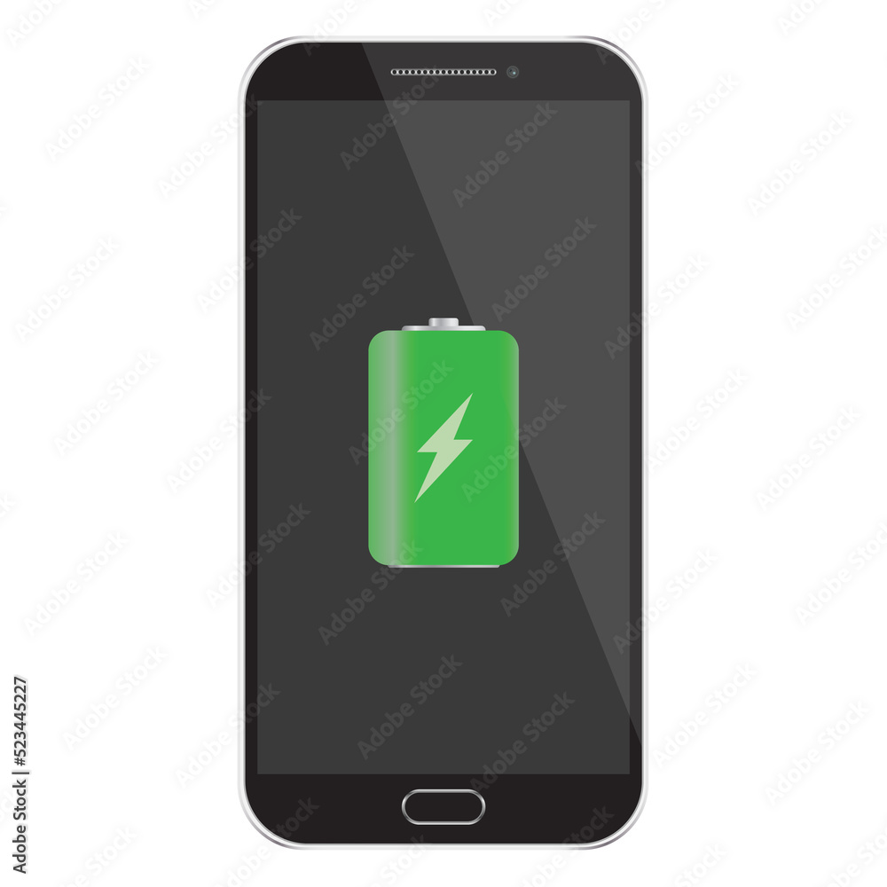 Black smartphone with green full battery icon. Realistic Black smartphone with green full battery icon. Realistic