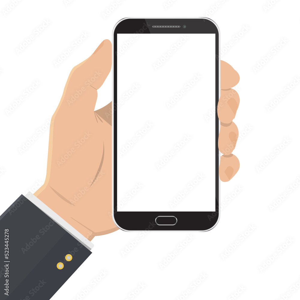 Hand Holding Phone with white screen. Blank screen. Businessman's hand. Hand Holding Phone with white screen. Blank screen. Businessman's hand.