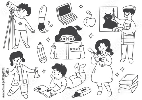 Set of Cartoon Children Activity in School in Doodle Style Vector Illustration