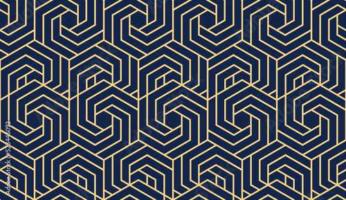 Abstract geometric pattern with stripes, lines. Seamless vector background. Gold and dark blue ornament. Simple lattice graphic design