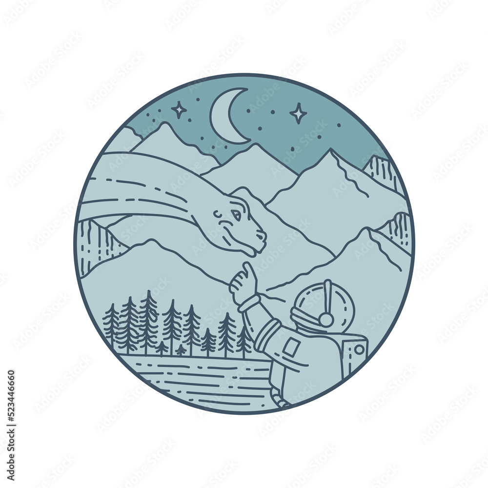 Astronaut Brontosaurus Moon Stars Mountains Circle Mono Line Astronaut Brontosaurus Moon Stars Mountains Circle Mono Line