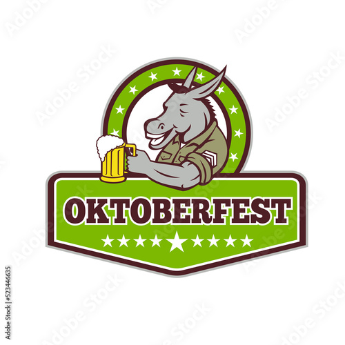 Retro style illustration of a donkey beer drinker wearing a sargeant military uniform holding a mug of beer ale set inside circle with words Oktoberfest on isolated background. photo