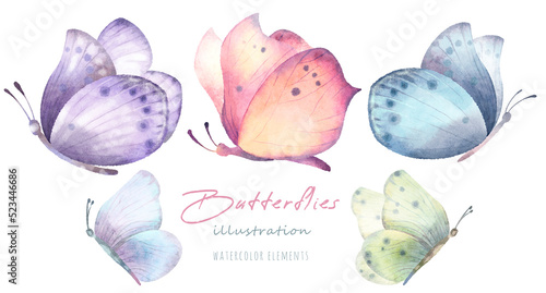 Watercolor hand drawn set with illustration of colorful exotic butterflies. Pink, blue, yellow, green elements isolated on white background. Spring and summer collection © rom-anni