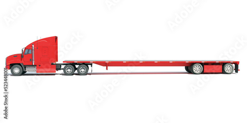 Bild auf Leinwand Red Truck with Flatbed Trailer 3D rendering on white background
