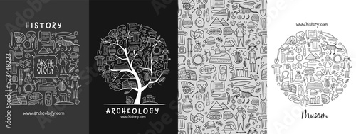 Archelogy, historic concept arts collection. Frame, background, tree. Set for your design project - cards, banners, poster, web, print, social media, promotional materials. Vector illustration