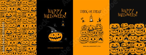 Halloween Hight, holiday party. Set of 4 concept art for your design project - cards, banners, poster, web, print, social media, promotional materials. Vector illustration