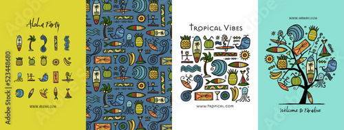Concept Art set, tropical relax lifestyle. Frame, background, tree, icons. Set for your design project - cards, banners, poster, web, print, social media, promotional materials. Vector illustration