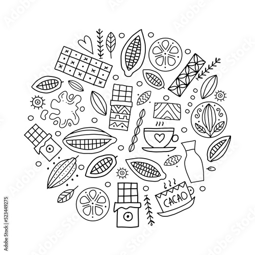 Chocolate, cacao and sweets. Concept art circle frame for your design. Vector...