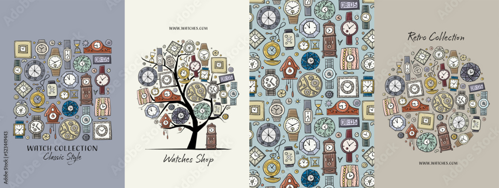 Clocks and watches in different style. Retro and modern collection. Set of 4 concept art for your design project - cards, banners, poster, web, print, social media, promotional materials. Vector