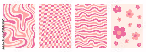 Retro set simple monochrome backgrounds in style hippie 60s, 70s. Trendy collection groovy flowers,  distorted checkered and waves templates. Pink colors. Vector illustration