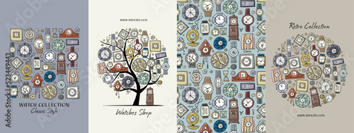 Clocks and watches in different style. Retro and modern collection. Set of 4 ...