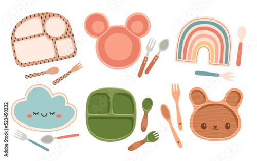 Kid tableware set children dish flat design vector