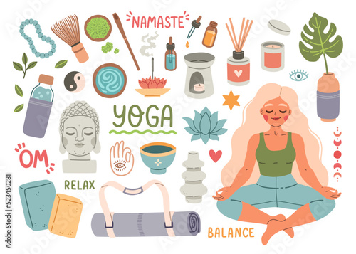 Yoga time elements set. Vector flat illustration