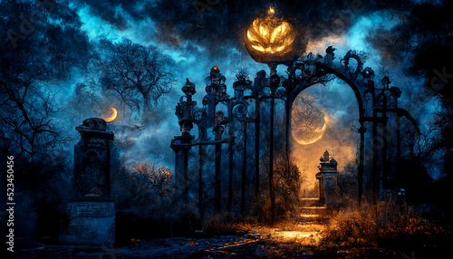 Door to cemetery with jack o lantern. realistic halloween festival illustration. Halloween night pictures for wall paper or computer screen.