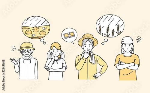 自然災害に困る　農家の人達　負債　台風　豪雨　農業　不作　イラスト
