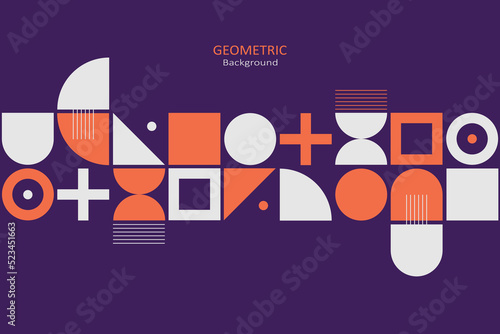 Abstract flat geometric background, template design with the simple shape of circles,  squares, and triangles. Landing page design, Vector Illustration.