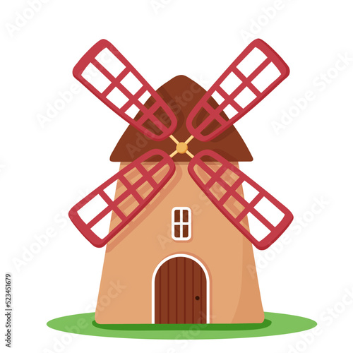 Vector cartoon windmill isolated on white background. Flat mill illustration. Cute farmhouse for grinding grain. Rural netherlands building