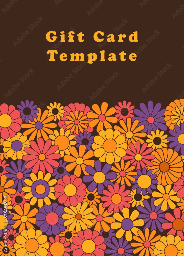 Trendy hippie floral greeting card template. Colorful flowers flat vector illustration. Suitable for greeting cards, social media posts, mobile apps, banners design and web internet ads. Vector eps10