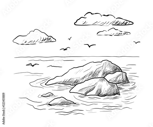 Seascape sketch with Sea, rocks, seagulls and sky. Pen Landscape. Hand drawn illustration