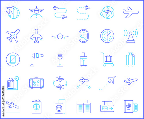 Simple Set of airport Related Vector Line Icons. Contains such Icons as flight  runway  tower  landing  travel  baggage  arrival  tourism and more.